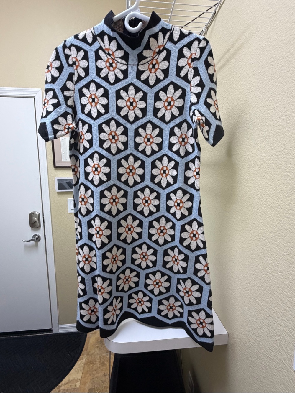 Anthropologie Black, Light Blue and White Floral Mosaic Mini Dress